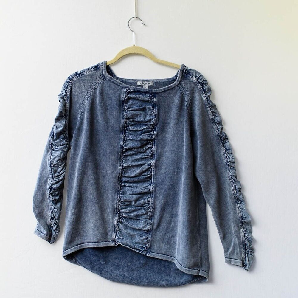 PBJ‎ Blues Womens M acid washed denim sweater ruffle front long sleeve cotton